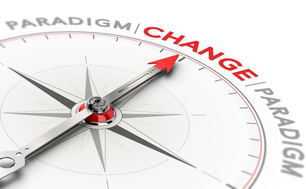 3D-Illustration eines Kompasses mit Nadel, die das Wort Veränderung andeutet. Konzept des Paradigmenwechsels - Foto, Bild