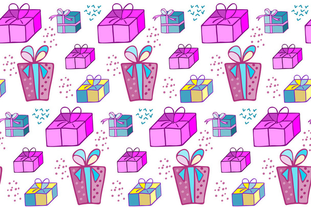 Holiday gift wrapping.  Boxes for gifts.  Illustration for a  wrapping paper,  wallpaper.  Christmas background.   Seamless vector pattern - Vektori, kuva