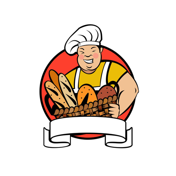 Un simpatico panettiere sorridente tiene un grande cesto di pane appena sfornato. Illustrazione vettoriale dell'emblema di una panetteria
. - Vettoriali, immagini