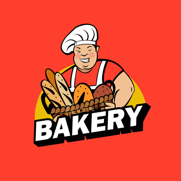 かわいい笑顔のパンは、焼きたてのパンの大きなバスケットを保持しています。パン屋のエンブレムのベクトル図. - ベクター画像