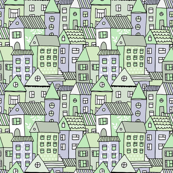 Hand drawn seamless pattern with doodle houses, vector background with cartoon town - Vector, imagen