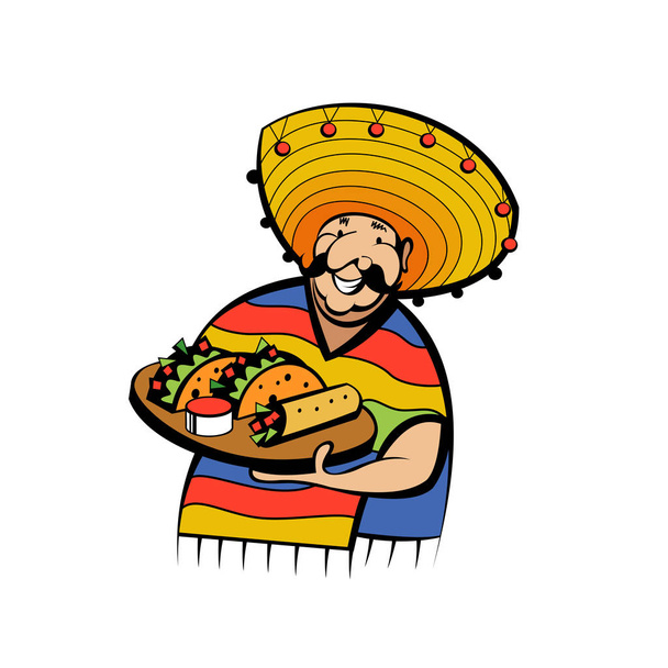 Wesoły Meksykanin noszący ponczo w paski i wielki meksykański kapelusz trzyma tacę z tradycyjnym meksykańskim jedzeniem. Tacos, burrito. Logo wektorowe meksykańskiej restauracji. - Wektor, obraz