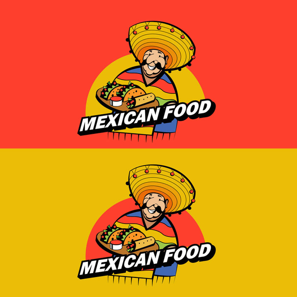 A Jolly Mexican wearing a striped poncho and a big Mexican hat holds a tray of traditional Mexican food. Tacos, burrito. Vector logo of Mexican restaurant. - Vector, Image