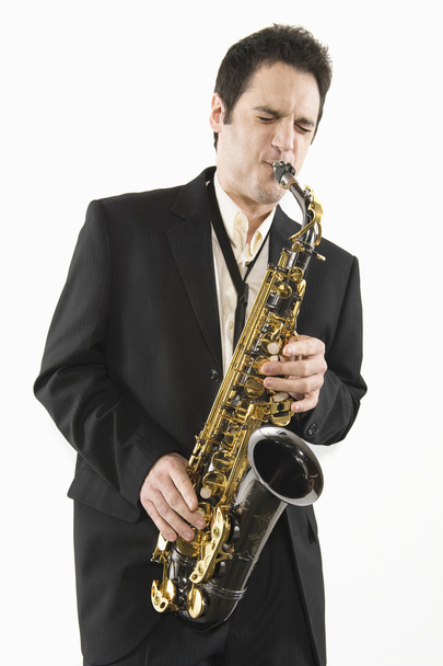 Caucasian Man Playing Saxophone - Zdjęcie, obraz