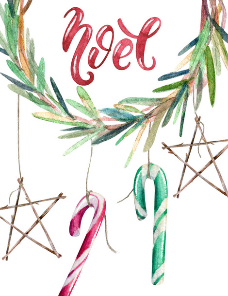 Aquarell-Weihnachtskarte mit Kranz, Zuckerstangen und Sternen aus Zweigen - Foto, Bild