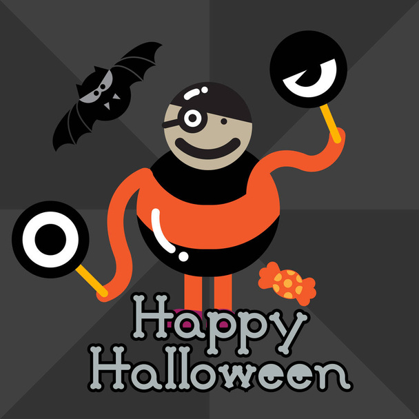 Salutations carrées Joyeux Halloween carte avec monstre orange avec chauve-souris, bonbons
. - Vecteur, image