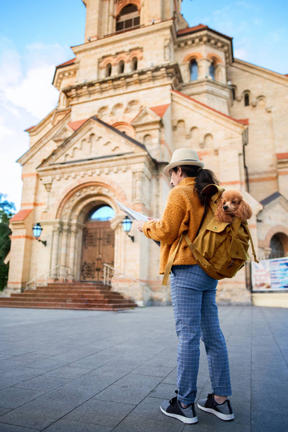 Woman traveler with dog in the backpack examines architectural monument . Concept of travel. - 写真・画像