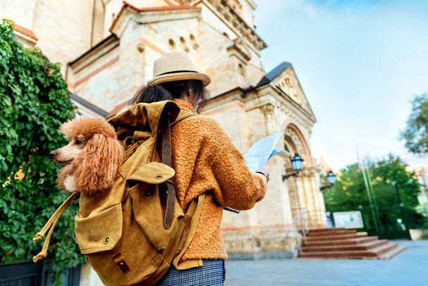 Жінка, яка подорожує з собакою в рюкзаку, досліджує пам'ятник архітектури. Концепція подорожей
. - Фото, зображення