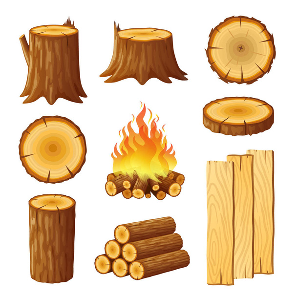 Set of logging, stumps and boards, woodpile and wood logs - Vector, Image