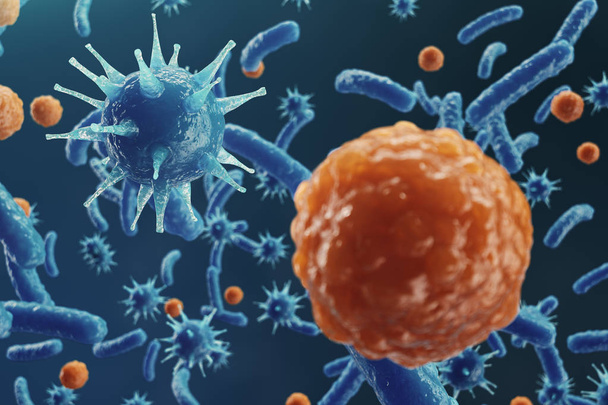 abstrakter Hintergrund Virus. das Konzept der Wissenschaft und Medizin, die Immunität im Körper zu verringern. Grippeviren, Hepatitis-Viren, Zellen, die den lebenden Organismus infizieren. 3D-Illustration - Foto, Bild