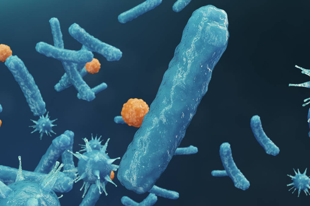 3D иллюстрация Virus backgorund. Вирусы грипп, гепатит, СПИД, кишечная палочка, кишечная палочка. Концепция науки и медицины, снижение иммунитета, клеточный инфицированный организм
 - Фото, изображение