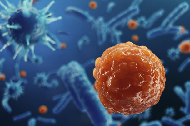 Ilustración 3D Virus backgorund. Virus influenza, hepatitis, SIDA, E. coli, bacilo de colon. Concepto de ciencia y medicina, reducción de la inmunidad, Organismo infectado por células
 - Foto, Imagen