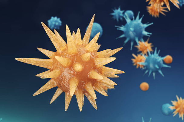 Vírus de fundo abstrato. O conceito de ciência e medicina, reduzindo a imunidade no corpo. Vírus da gripe, vírus da hepatite, células que infectam o organismo vivo, ilustração 3d
 - Foto, Imagem