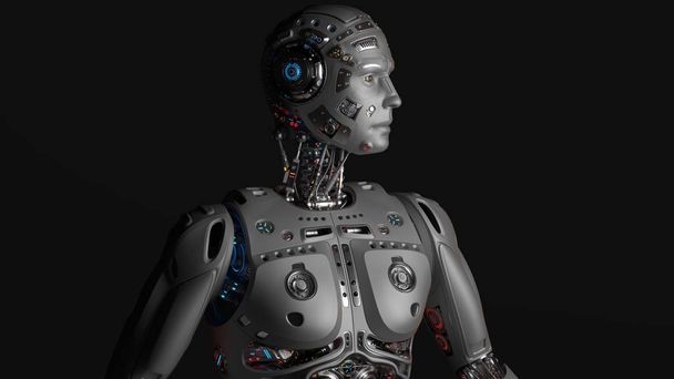 Erittäin yksityiskohtaisen futuristisen robotin tai humanoidikyborgin ylävartalo. Eristetty mustalla pohjalla. 3d renderointi
 - Valokuva, kuva