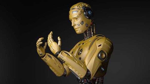 sehr detaillierter futuristischer Robotermann oder androider Cyborg, der seine Hände betrachtet. Seitenansicht isoliert auf schwarzem Hintergrund. 3D-Darstellung - Foto, Bild