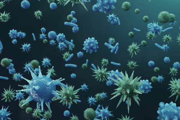 3D иллюстрация Virus backgorund. Вирусы грипп, гепатит, СПИД, кишечная палочка, кишечная палочка. Концепция науки и медицины, снижение иммунитета. Клеточный инфицированный организм
. - Фото, изображение