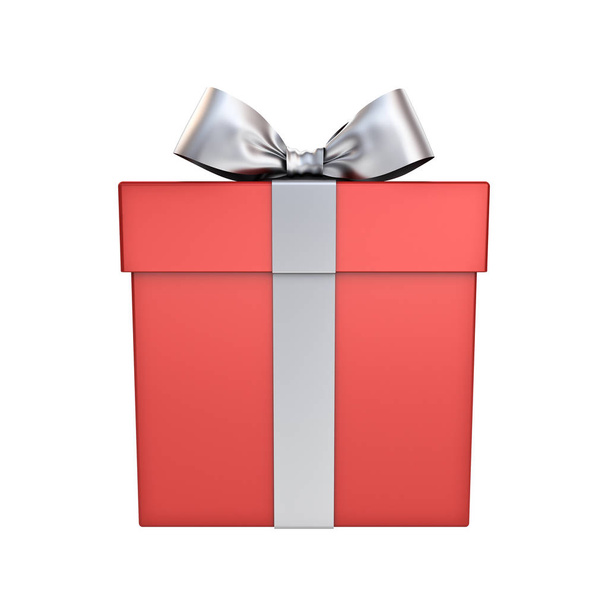 Красная подарочная коробка или коробка подарков с серебряным бантом ленты изолированы на белом фоне 3D рендеринга
 - Фото, изображение