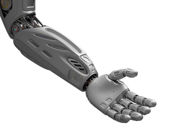 Robô futurista dando uma mão amiga ou pedindo ajuda em fundo branco 3D Render
 - Foto, Imagem