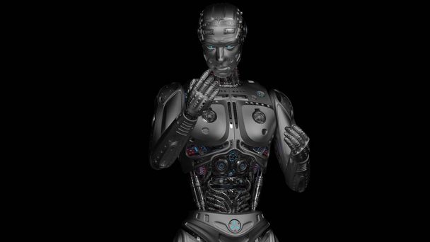 bardzo szczegółowy futurystyczny człowiek robot lub android cyborg patrząc na jego ręce. Odizolowany na czarnym tle. 3d renderowanie - Zdjęcie, obraz