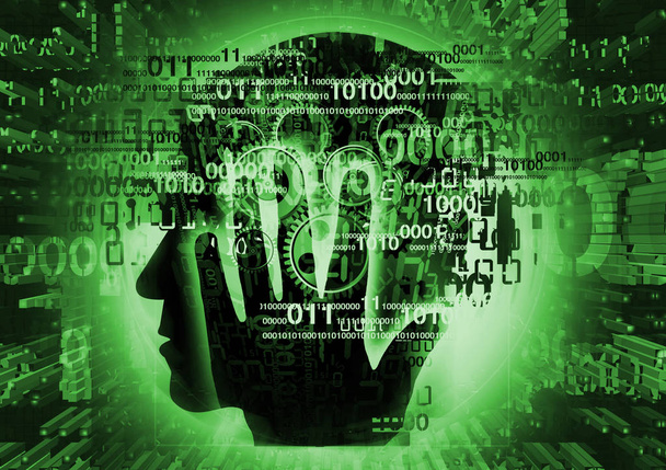 Hacker in cyber space, Data, hacking, security concept.Stylized male head, programmer, hacker, computer expert silhouette holding his head, with binary codes and gear on green background
.  - Фото, изображение