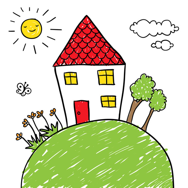 Children's drawing style house with trees and flowers on a hill. Place your for text. - Vector, Image