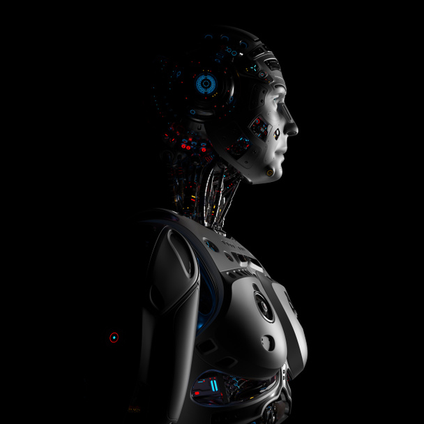 Perfil Futurista Homem Robô detalhado em fundo preto 3D Render
 - Foto, Imagem