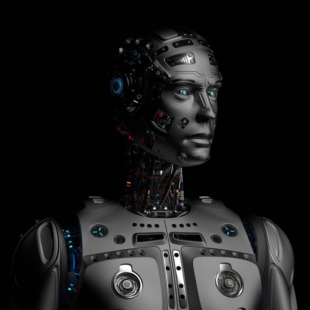 Zeer gedetailleerde futuristische robot man op zwarte achtergrond 3d Render - Foto, afbeelding