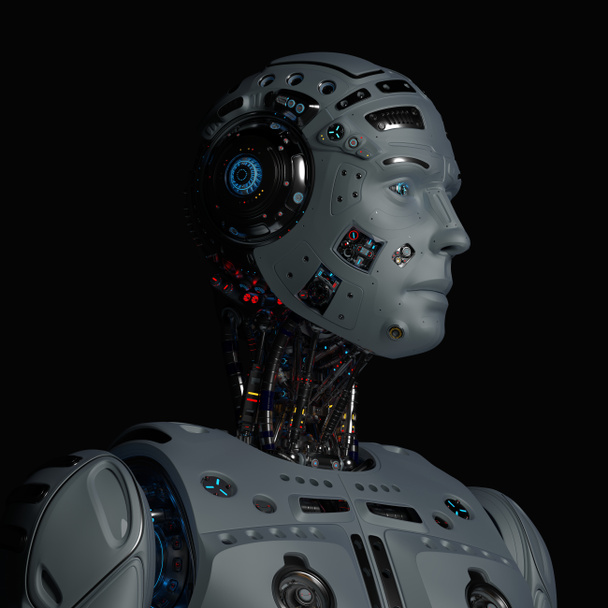 Nagyon részletes futurisztikus robot ember a fekete háttér, 3d Render - Fotó, kép