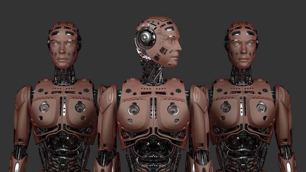 Τρία πολύ λεπτομερή φουτουριστικό ρομπότ ή ομάδα του Cyborgs σε γκρι φόντο 3d καθιστούν - Φωτογραφία, εικόνα