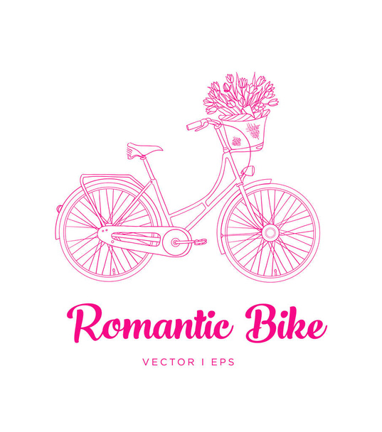 Lovely romantic bike with basket of tulips flowers. Outline hand drawn illustration. - Vector, Image