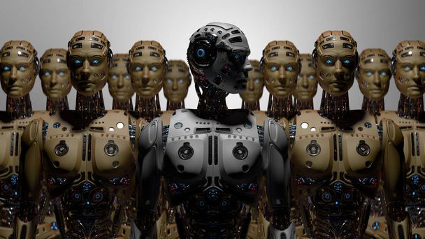 Футуристическая армия роботов или группа киборгов на сером фоне 3D Render
 - Фото, изображение