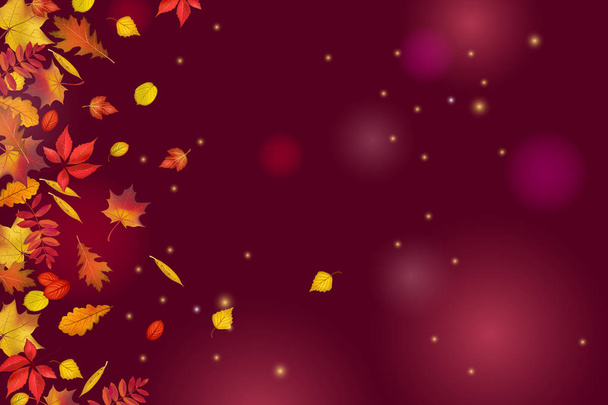 Осенние листья изолированы на красивом темно-коричневом фоне с огнями и блестками. Абстрактный фон для дизайна поздравительных открыток или веб-сайта. Векторная иллюстрация
 - Вектор,изображение