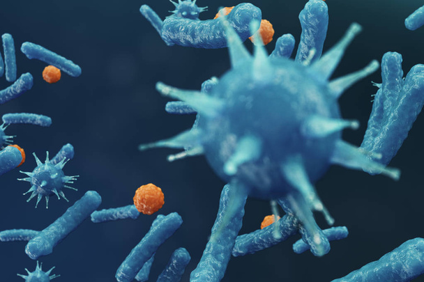 Ilustración 3D Virus backgorund. Virus influenza, hepatitis, SIDA, E. coli, bacilo de colon. Concepto de ciencia y medicina, reducción de la inmunidad, Organismo infectado por células
 - Foto, Imagen