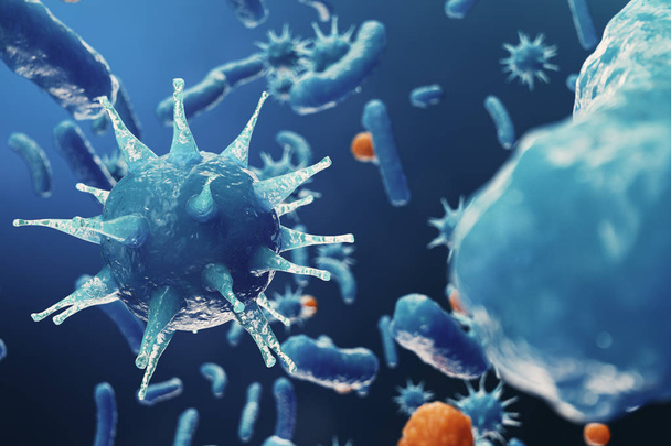 3D illustratie Virus backgorund. Virussen influenza, hepatitis, Aids, E. coli, bacillus van de dikke darm. Concept van wetenschap en geneeskunde, minder immuniteit, cel besmet organisme - Foto, afbeelding