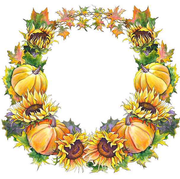 Colorful autumn wreath with pumpkins, sunflowers, leaves and branches. Watercolor on white background. - Photo, image