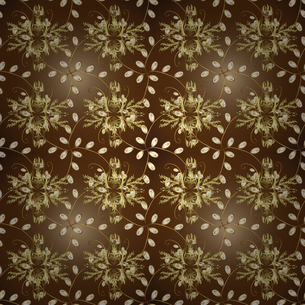 Traditional classic golden vector pattern on brown, yellow and beige colors with golden elements. Ornamental oriental ornament in the style of baroque. - Vector, Image