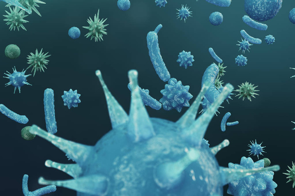 3D иллюстрация Virus backgorund. Вирусы грипп, гепатит, СПИД, кишечная палочка, кишечная палочка. Концепция науки и медицины, снижение иммунитета. Клеточный инфицированный организм
 - Фото, изображение