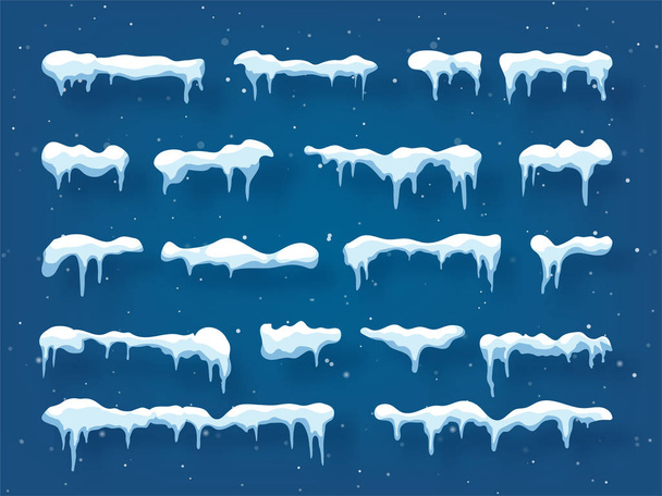 Schnee, Eiskappe mit Schatten. Schneefall und Schneeflocken. Winterzeit. Blauer Hintergrund. Weihnachten und Neujahr. - Vektor, Bild