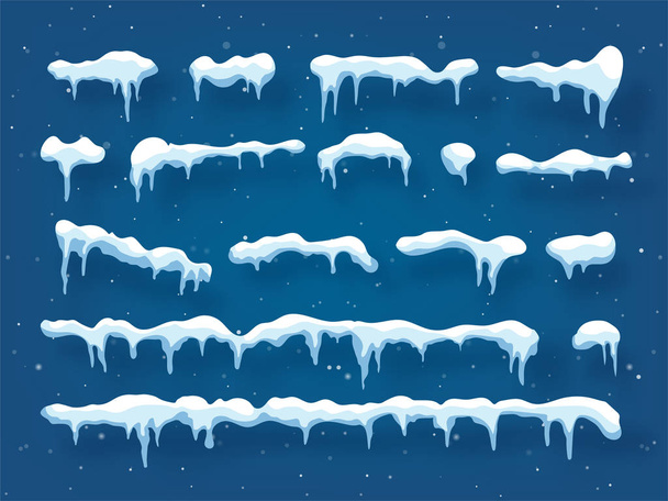 Schnee, Eiskappe mit Schatten. Schneefall und Schneeflocken. Winterzeit. Blauer Hintergrund. Weihnachten und Neujahr. - Vektor, Bild