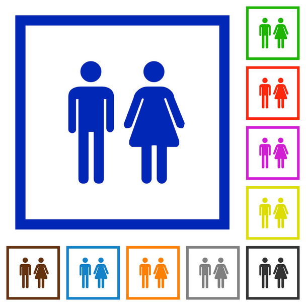 männliche und weibliche Zeichen flache Farbsymbole in quadratischen Rahmen auf weißem Hintergrund - Vektor, Bild