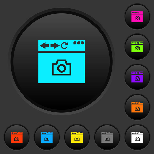 Capture browser screen dark push buttons with vivid color icons on dark grey background - Vector, Image