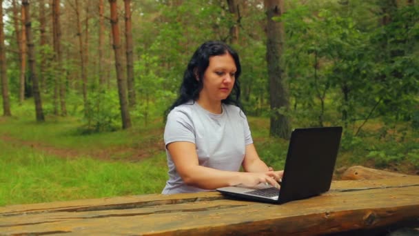 young woman in a park is typing on a laptop - Footage, Video