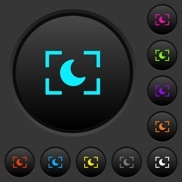 カメラ夜モード暗いプッシュ ボタン暗い灰色の背景に色鮮やかなアイコン - ベクター画像
