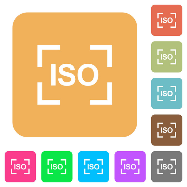 Kamera ISO Geschwindigkeit Einstellung flacher Symbole auf abgerundeten quadratischen lebendigen Farbhintergründen. - Vektor, Bild