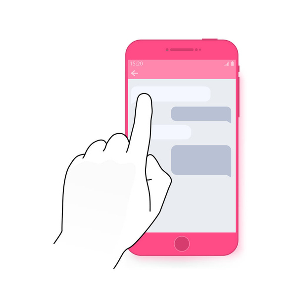 Finger Dotyková obrazovka smartphone s konverzace dialog. Moderní koncepce webových bannerů, webových stránek, infografiky. Kreativní design flat. - Vektor, obrázek