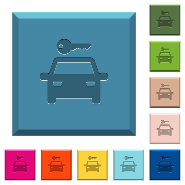 Autoverhuur gegraveerd pictogrammen op geslepen vierkante knoppen in verschillende trendy kleuren - Vector, afbeelding