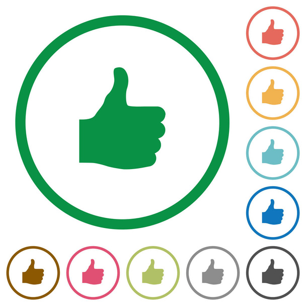Thumbs up flat color icons in round outlines on white background - Vector, Image