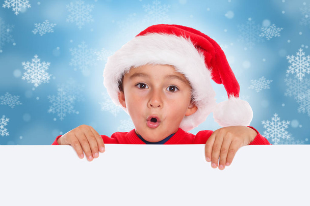 Child kid Christmas card Santa Claus empty banner copyspace surprised astonished copy space - Photo, Image