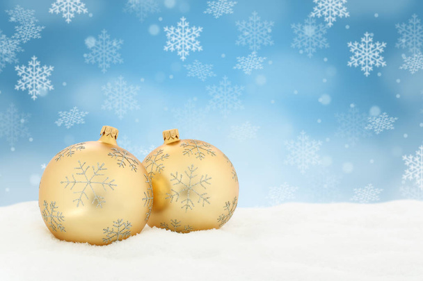 Christmas golden balls baubles background decoration winter snow snowflakes copyspace - Photo, Image