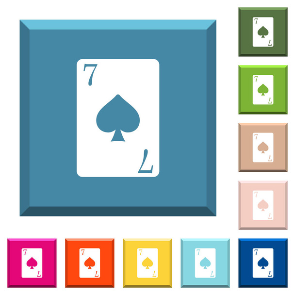 Piková sedmička karty bílé ikony na omítané čtvercová tlačítka v různých módních barvách - Vektor, obrázek